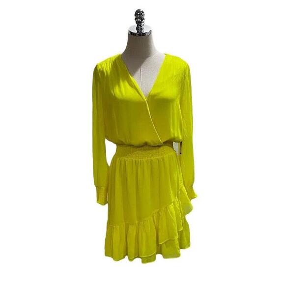 VINCE CAMUTO Citrus Splash Chiffon Frock‎ Ruffle Mini Dress Bright Lemon Med New - Picture 2 of 10